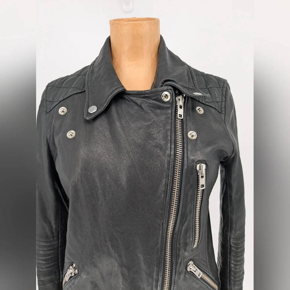 Black Genuine Lambskin Leather Moto Jacket Womens XS Double Zip Slim Biker Chic - Picture 8 of 15